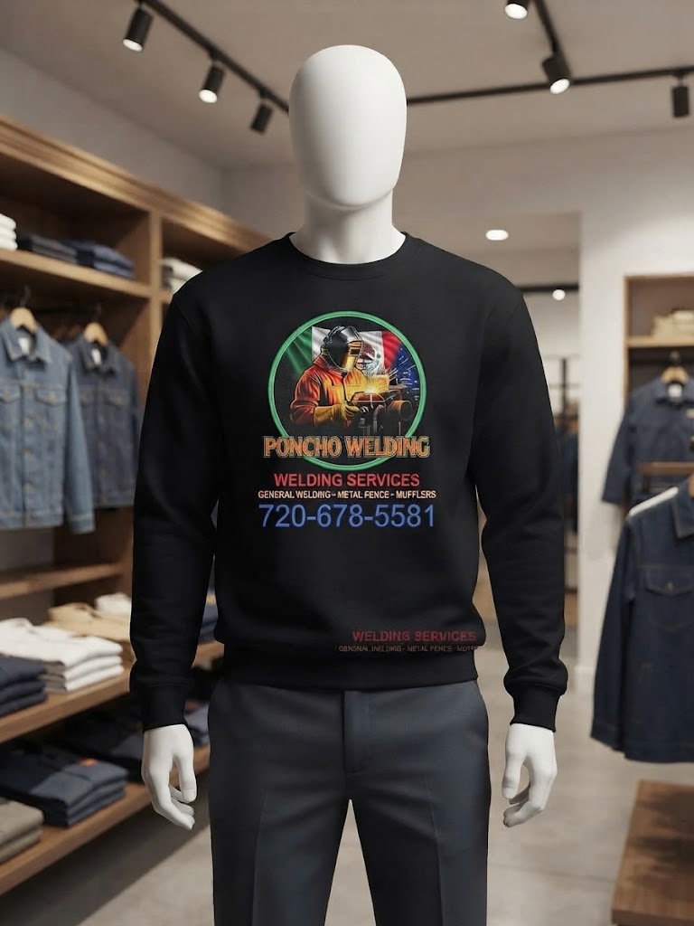 Black sweatshirt with Poncho Welding Services logo